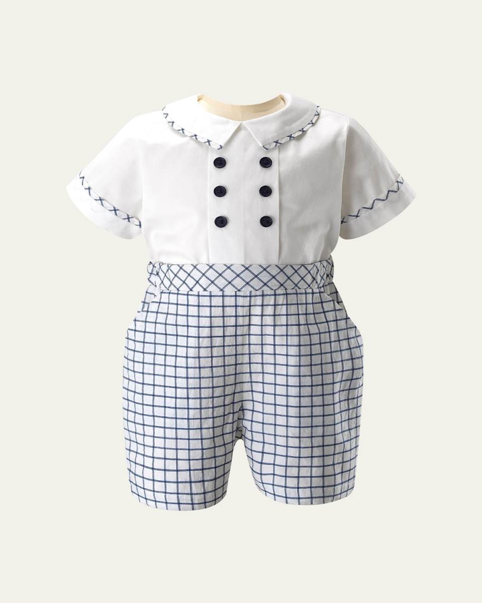 Boy's Collared Check-Print Playsuit, Size 3M-18